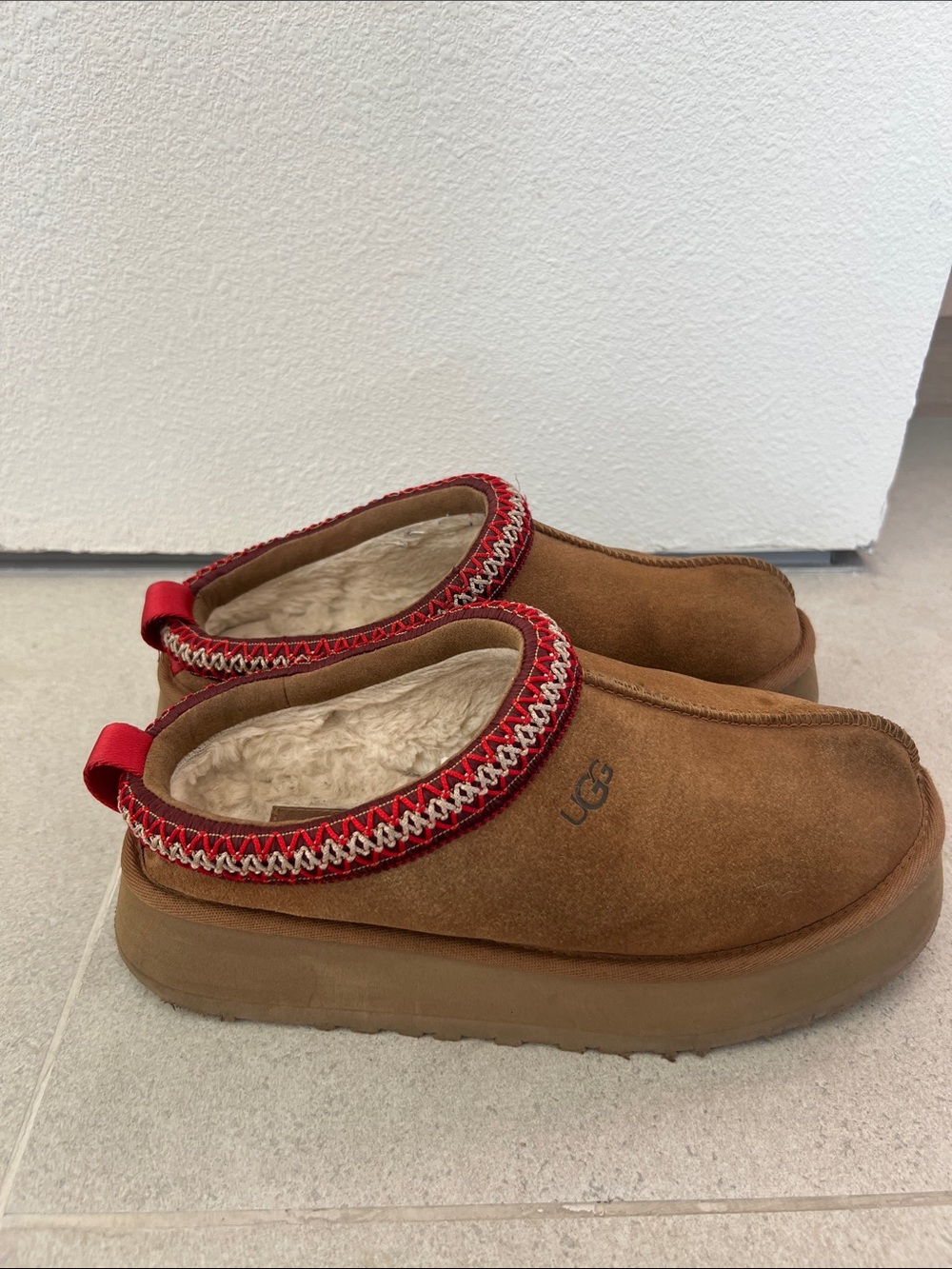 UGG Chestnut Suede Platform Clogs with Red Trim